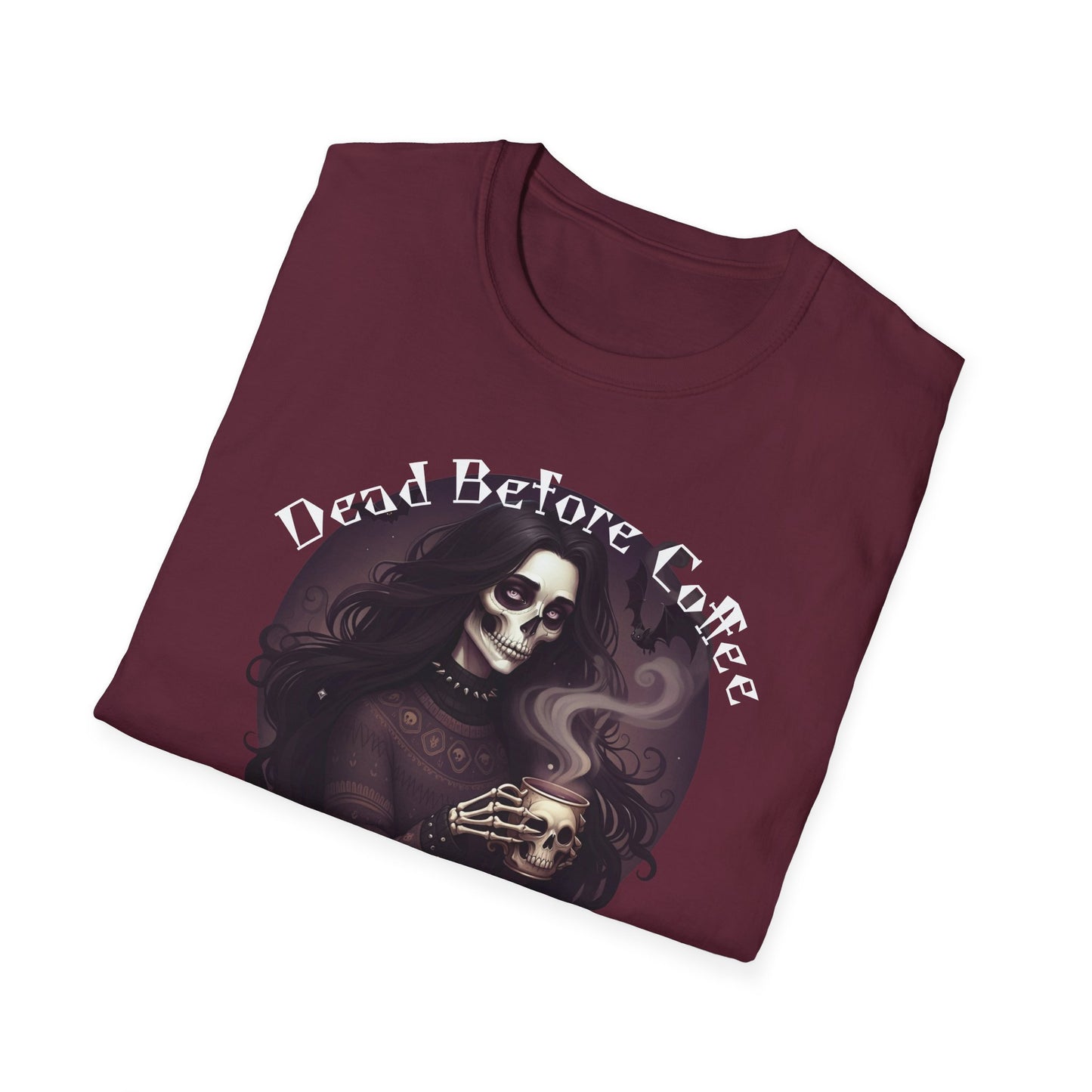 Dead Before Coffee Unisex Softstyle T-Shirt, Funny Coffee Lover Tee, Gothic Graphic Tee, Dark Humor Apparel, Gift for Coffee Enthusiasts
