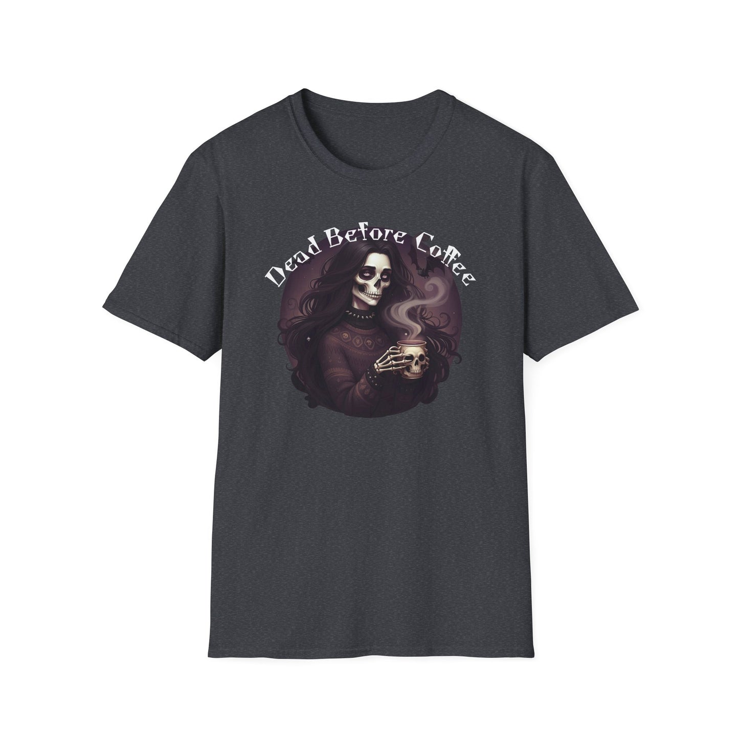 Dead Before Coffee Unisex Softstyle T-Shirt, Funny Coffee Lover Tee, Gothic Graphic Tee, Dark Humor Apparel, Gift for Coffee Enthusiasts