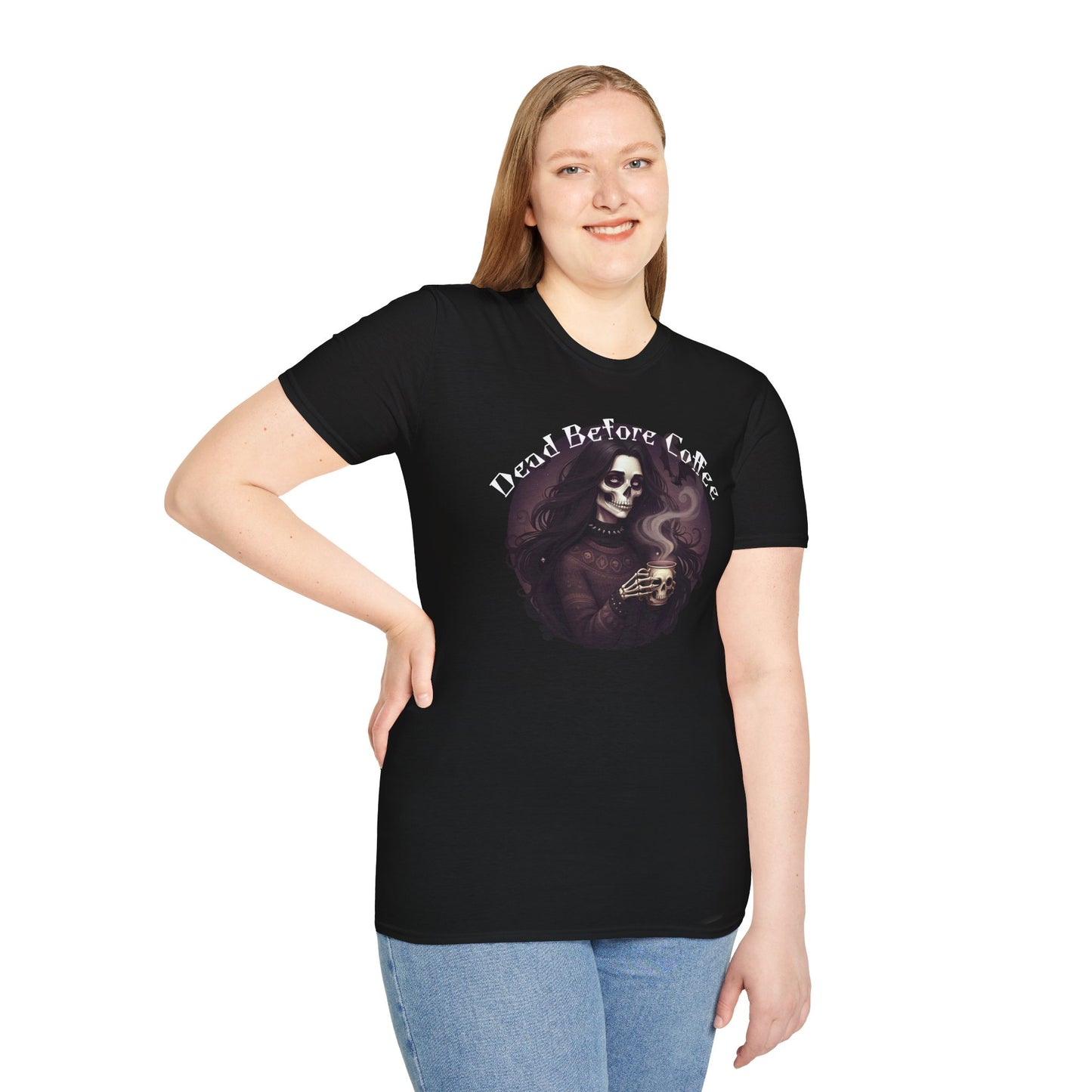 Dead Before Coffee Unisex Softstyle T-Shirt, Funny Coffee Lover Tee, Gothic Graphic Tee, Dark Humor Apparel, Gift for Coffee Enthusiasts