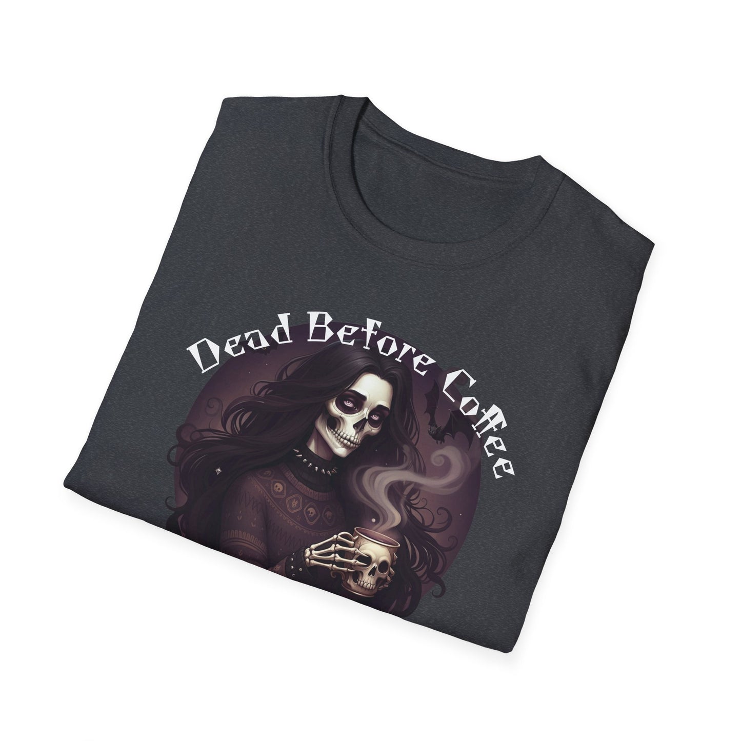 Dead Before Coffee Unisex Softstyle T-Shirt, Funny Coffee Lover Tee, Gothic Graphic Tee, Dark Humor Apparel, Gift for Coffee Enthusiasts