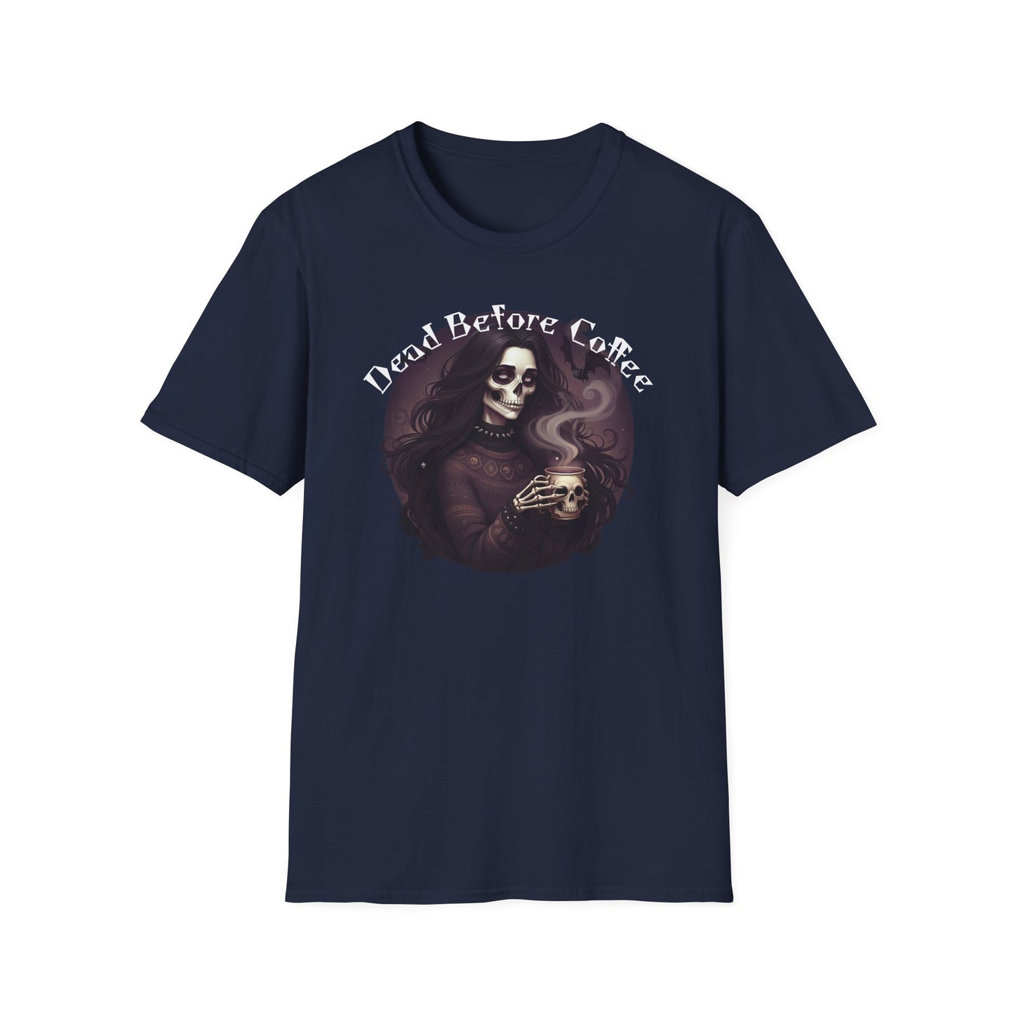 Dead Before Coffee Unisex Softstyle T-Shirt, Funny Coffee Lover Tee, Gothic Graphic Tee, Dark Humor Apparel, Gift for Coffee Enthusiasts