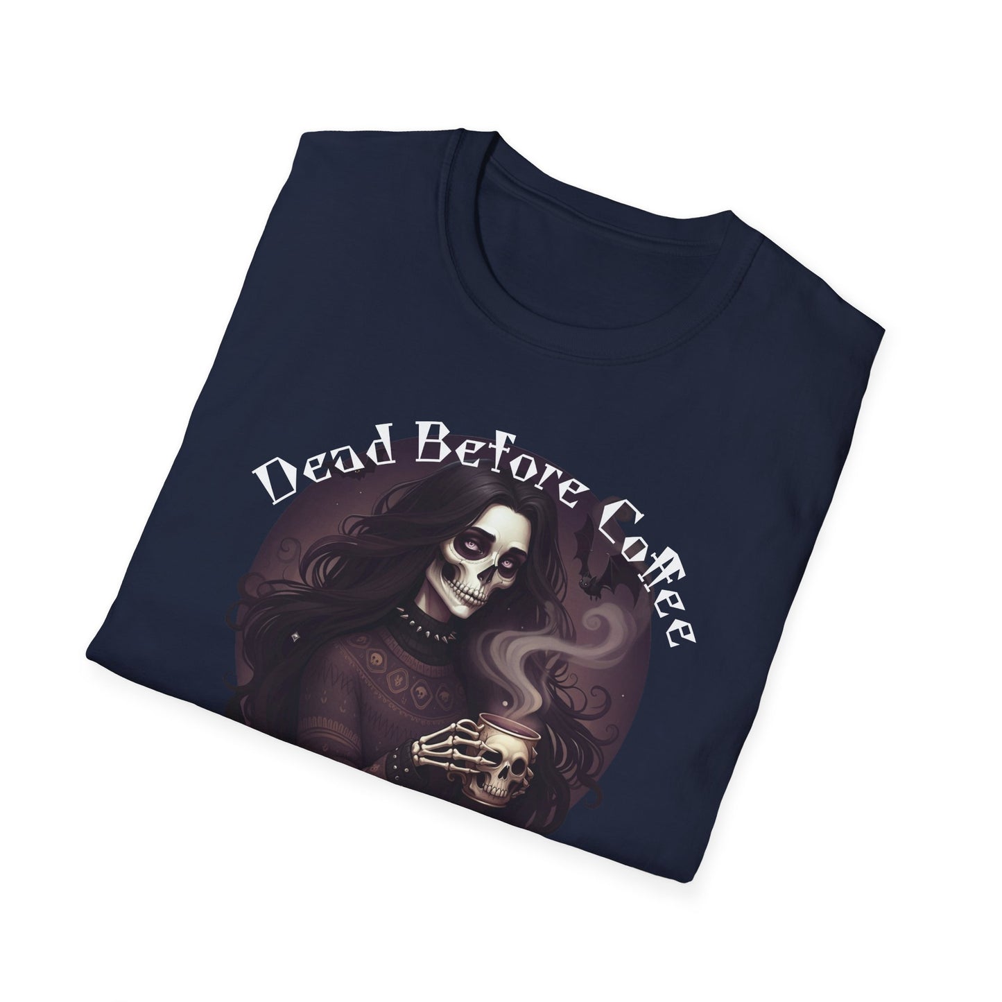 Dead Before Coffee Unisex Softstyle T-Shirt, Funny Coffee Lover Tee, Gothic Graphic Tee, Dark Humor Apparel, Gift for Coffee Enthusiasts