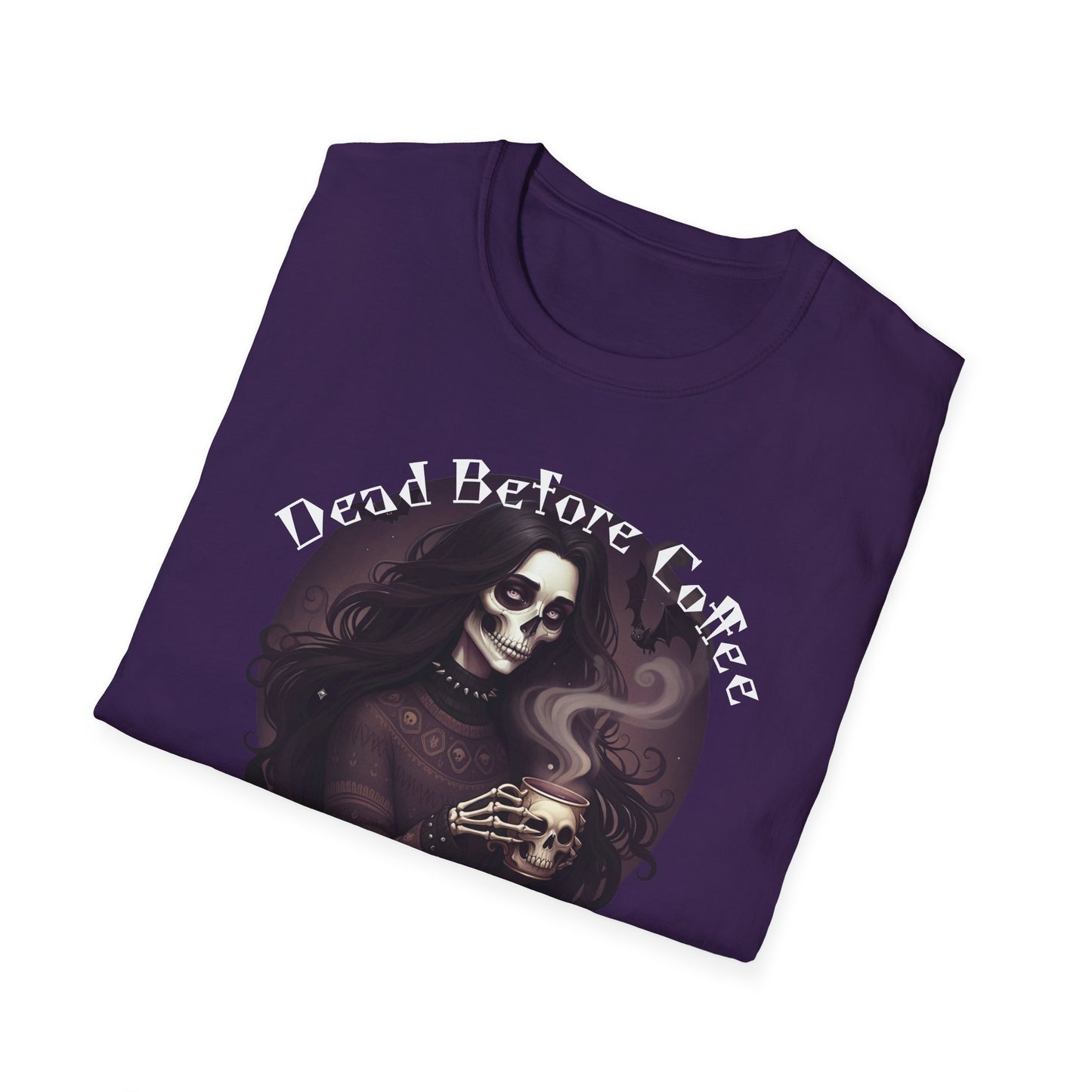 Dead Before Coffee Unisex Softstyle T-Shirt, Funny Coffee Lover Tee, Gothic Graphic Tee, Dark Humor Apparel, Gift for Coffee Enthusiasts