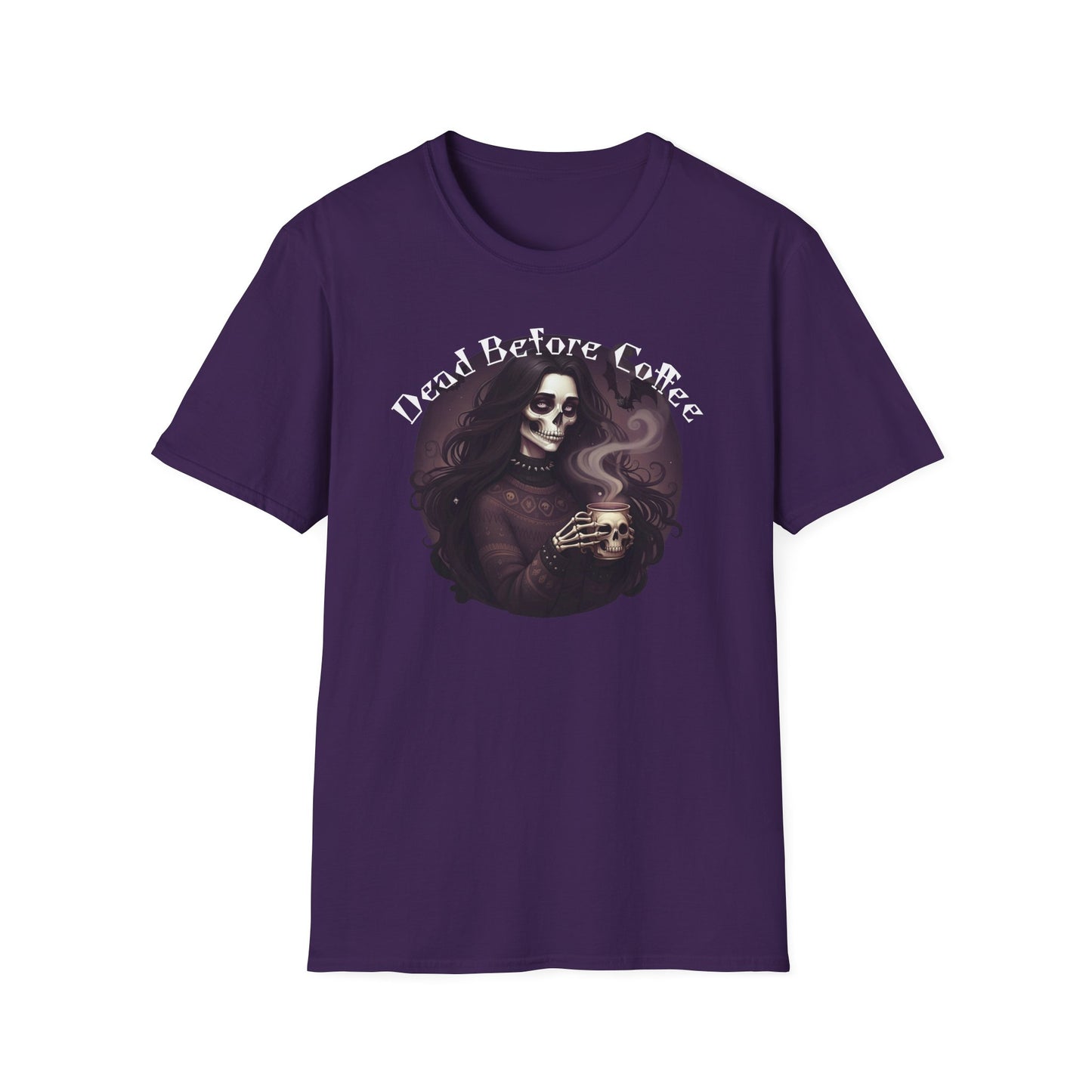 Dead Before Coffee Unisex Softstyle T-Shirt, Funny Coffee Lover Tee, Gothic Graphic Tee, Dark Humor Apparel, Gift for Coffee Enthusiasts