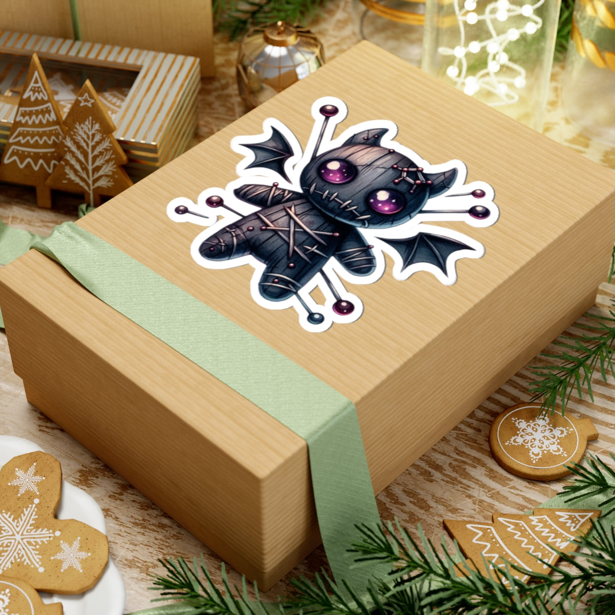 Gothic Voodoo Doll Kiss-Cut Sticker — Cute Spooky Bat-Winged Plushie Decal