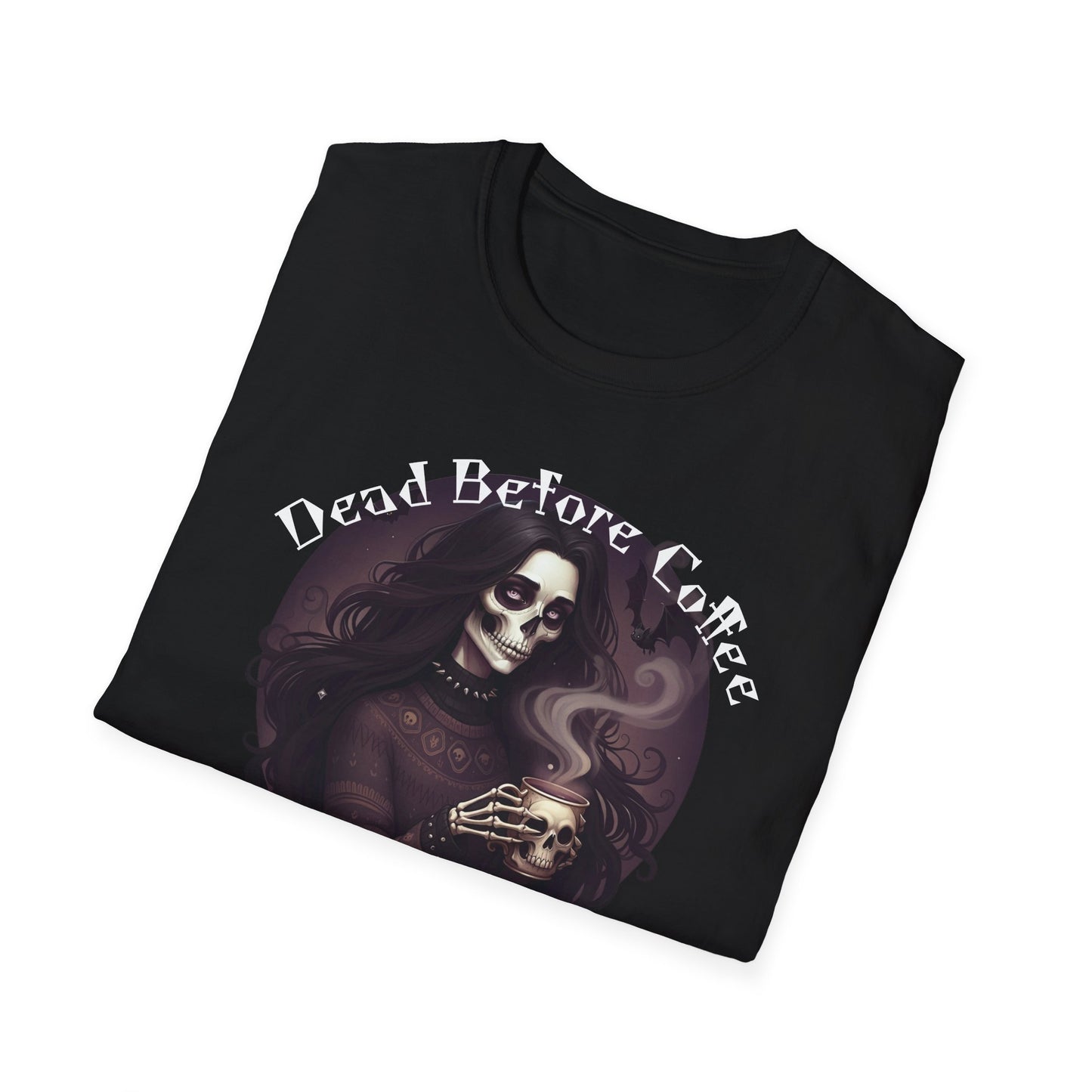 Dead Before Coffee Unisex Softstyle T-Shirt, Funny Coffee Lover Tee, Gothic Graphic Tee, Dark Humor Apparel, Gift for Coffee Enthusiasts