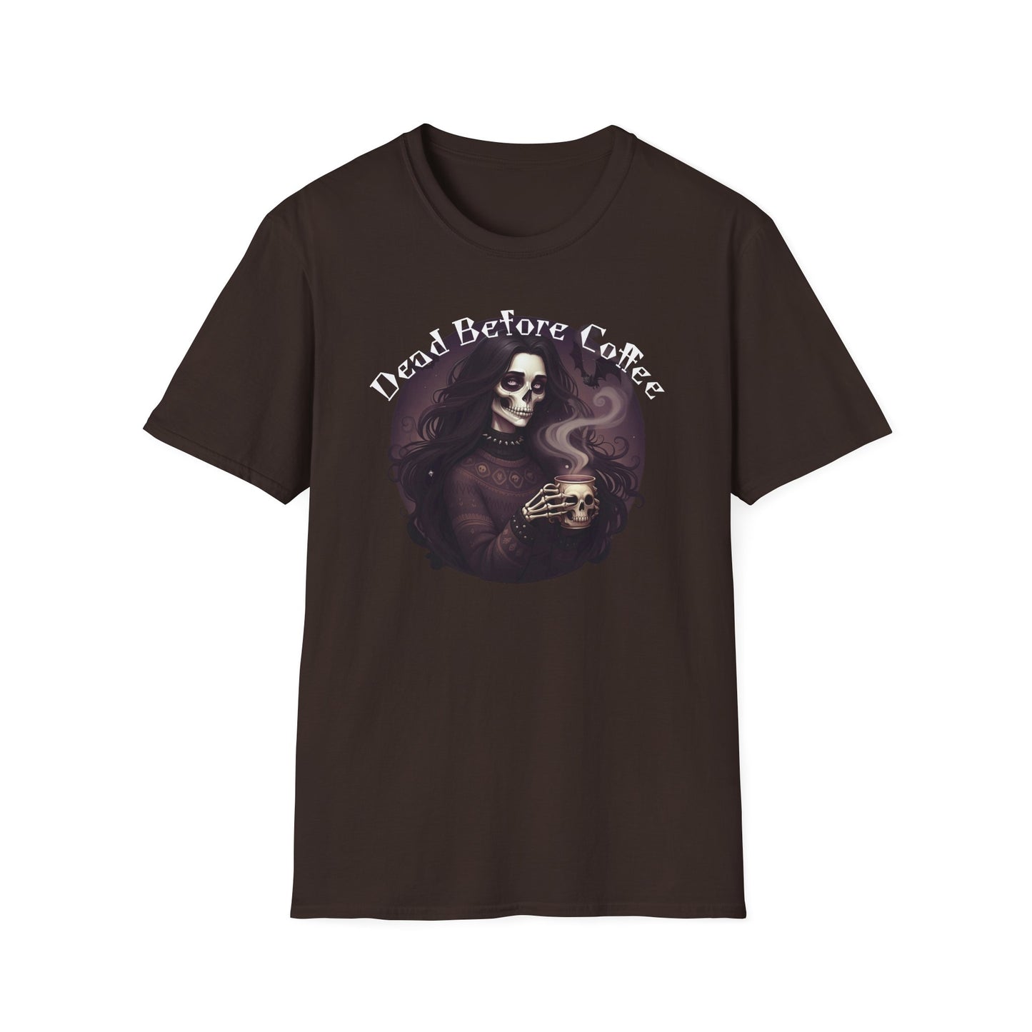 Dead Before Coffee Unisex Softstyle T-Shirt, Funny Coffee Lover Tee, Gothic Graphic Tee, Dark Humor Apparel, Gift for Coffee Enthusiasts