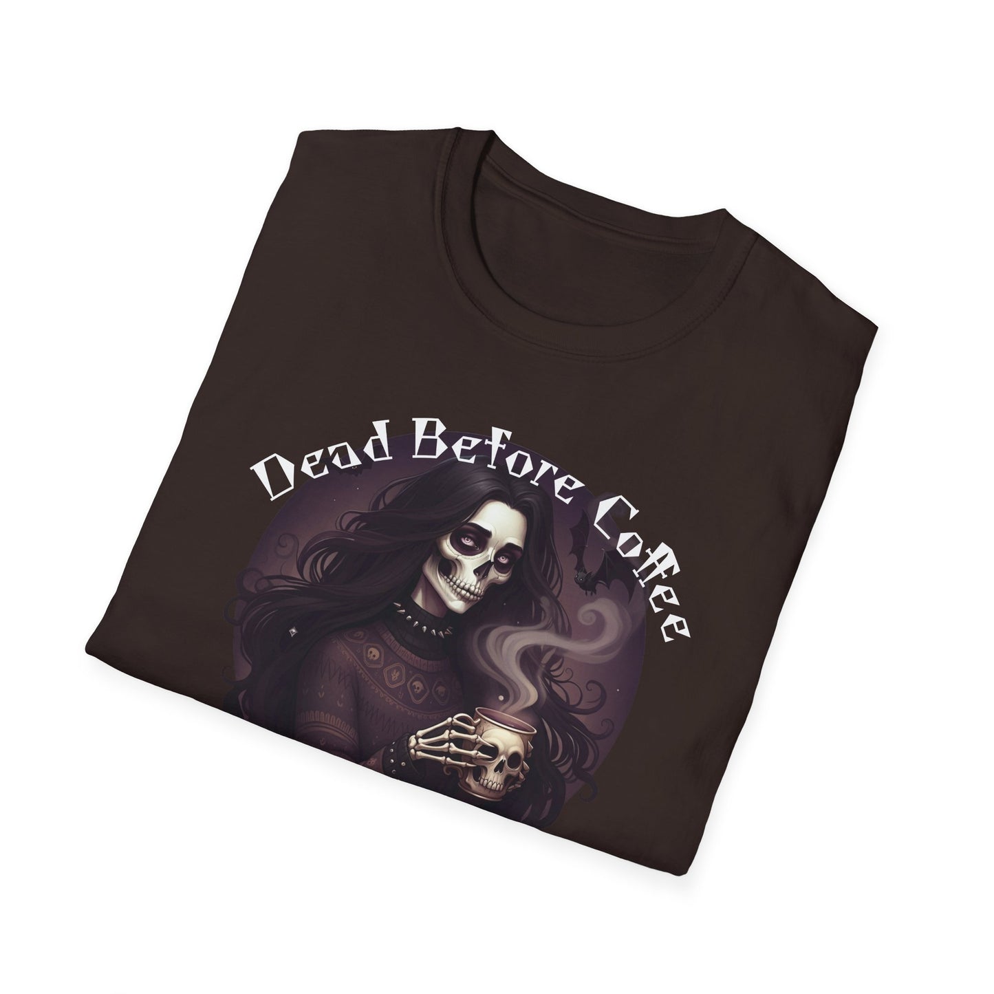 Dead Before Coffee Unisex Softstyle T-Shirt, Funny Coffee Lover Tee, Gothic Graphic Tee, Dark Humor Apparel, Gift for Coffee Enthusiasts