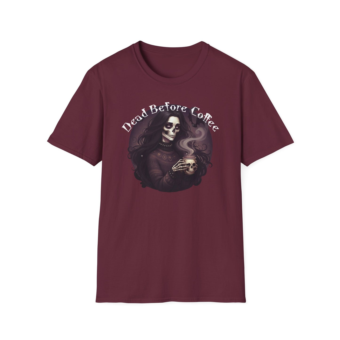 Dead Before Coffee Unisex Softstyle T-Shirt, Funny Coffee Lover Tee, Gothic Graphic Tee, Dark Humor Apparel, Gift for Coffee Enthusiasts