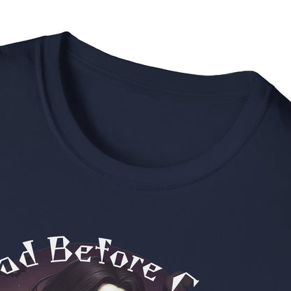 Dead Before Coffee Unisex Softstyle T-Shirt, Funny Coffee Lover Tee, Gothic Graphic Tee, Dark Humor Apparel, Gift for Coffee Enthusiasts