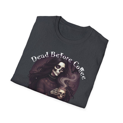 Dead Before Coffee Unisex Softstyle T-Shirt, Funny Coffee Lover Tee, Gothic Graphic Tee, Dark Humor Apparel, Gift for Coffee Enthusiasts