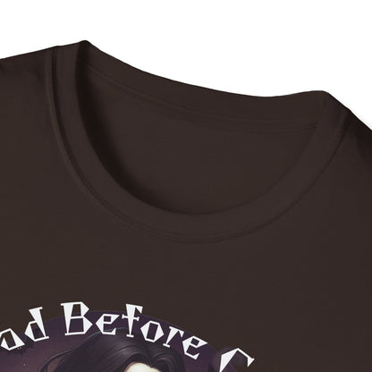 Dead Before Coffee Unisex Softstyle T-Shirt, Funny Coffee Lover Tee, Gothic Graphic Tee, Dark Humor Apparel, Gift for Coffee Enthusiasts