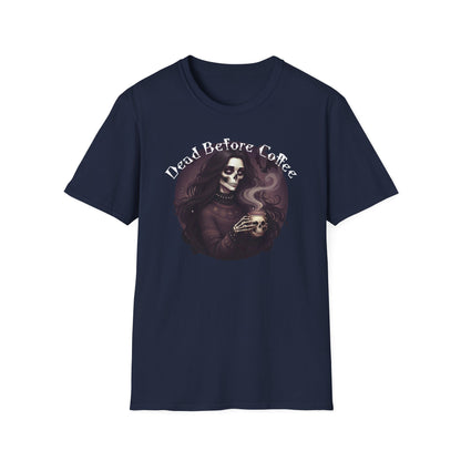Dead Before Coffee Unisex Softstyle T-Shirt, Funny Coffee Lover Tee, Gothic Graphic Tee, Dark Humor Apparel, Gift for Coffee Enthusiasts