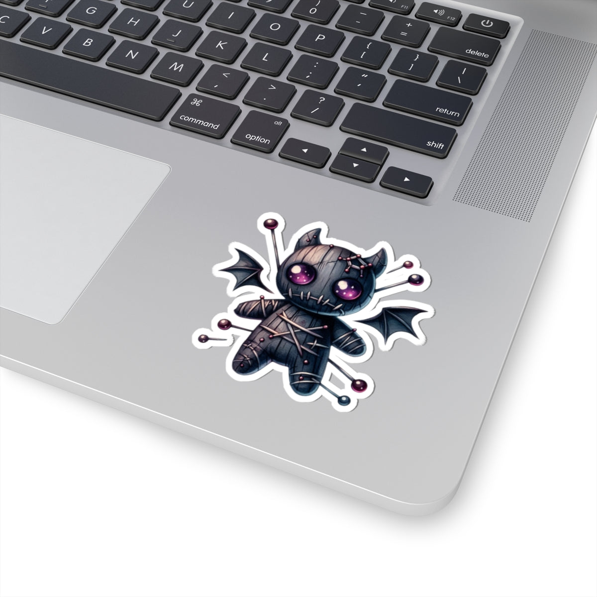 Gothic Voodoo Doll Kiss-Cut Sticker — Cute Spooky Bat-Winged Plushie Decal