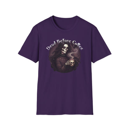 Dead Before Coffee Unisex Softstyle T-Shirt, Funny Coffee Lover Tee, Gothic Graphic Tee, Dark Humor Apparel, Gift for Coffee Enthusiasts