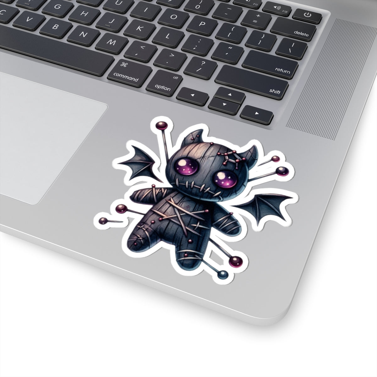 Gothic Voodoo Doll Kiss-Cut Sticker — Cute Spooky Bat-Winged Plushie Decal