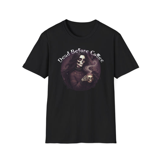 Dead Before Coffee Unisex Softstyle T-Shirt, Funny Coffee Lover Tee, Gothic Graphic Tee, Dark Humor Apparel, Gift for Coffee Enthusiasts