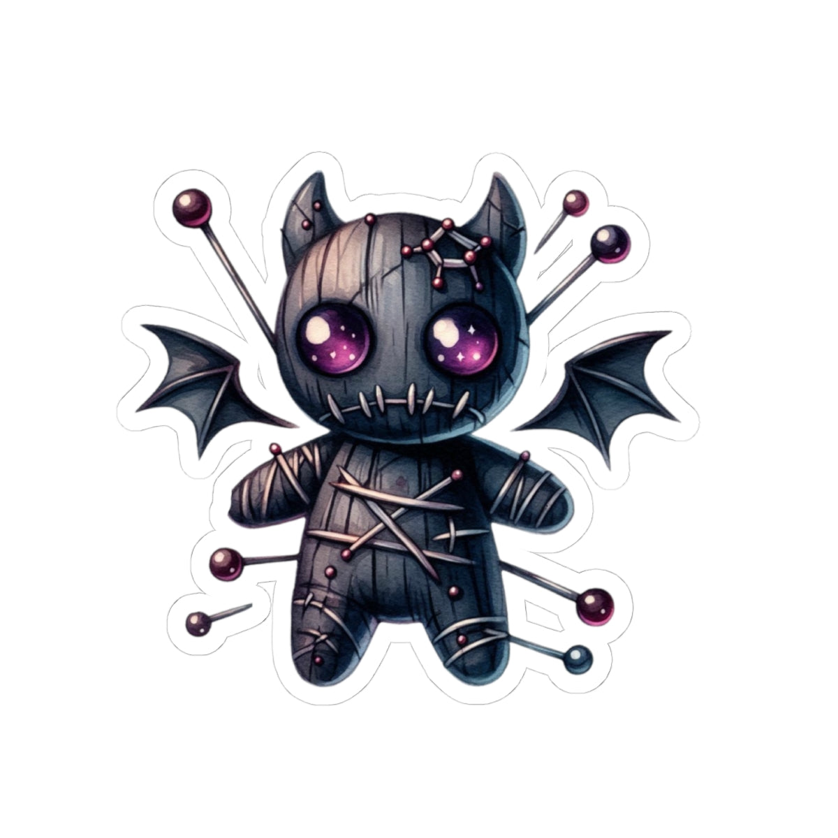 Gothic Voodoo Doll Kiss-Cut Sticker — Cute Spooky Bat-Winged Plushie Decal