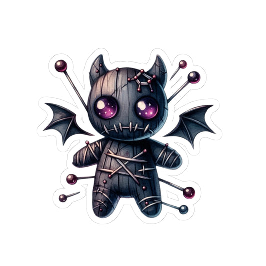 Gothic Voodoo Doll Kiss-Cut Sticker — Cute Spooky Bat-Winged Plushie Decal
