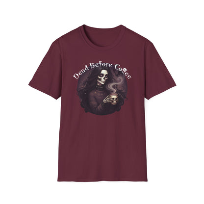 Dead Before Coffee Unisex Softstyle T-Shirt, Funny Coffee Lover Tee, Gothic Graphic Tee, Dark Humor Apparel, Gift for Coffee Enthusiasts
