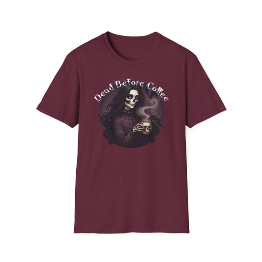 Dead Before Coffee Unisex Softstyle T-Shirt, Funny Coffee Lover Tee, Gothic Graphic Tee, Dark Humor Apparel, Gift for Coffee Enthusiasts